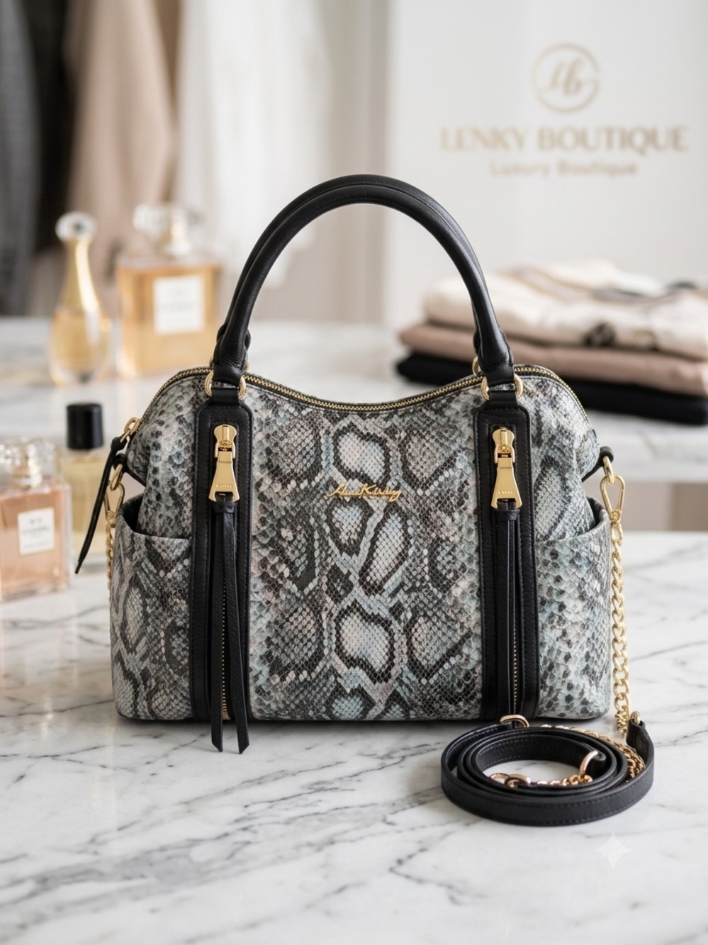 Aimee Kestenberg Python Print Leather Satchel Crossbody Shoulder Bag Gold